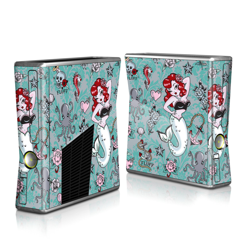 Xbox 360 S Skin design of Mermaid, Illustration, Fictional character, Organism, Art, Pattern, Style, with gray, blue, black, red, white, pink colors
