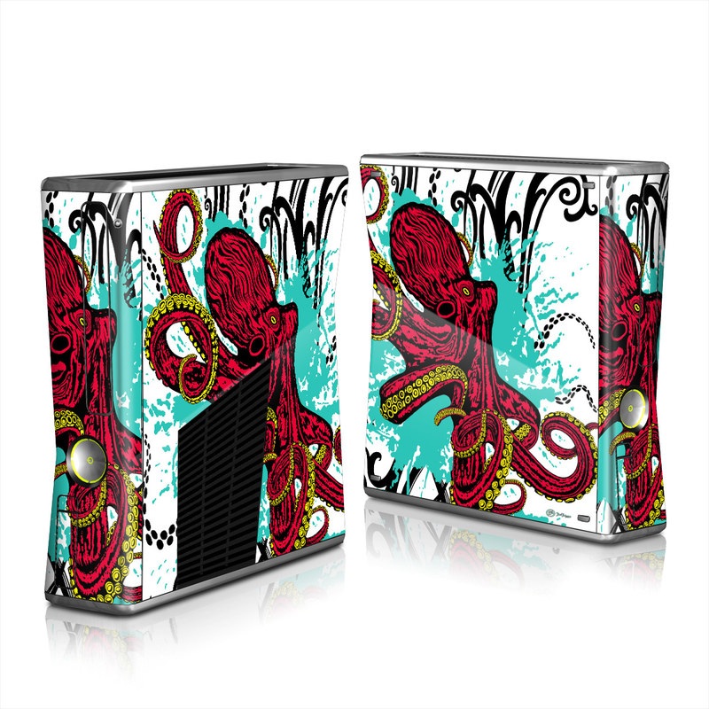 Xbox 360 S Skin design of Graphic design, Illustration, Visual arts, Octopus, Design, Art, Fictional character, Pattern, Clip art, Line art, with black, white, gray, red, blue, green colors