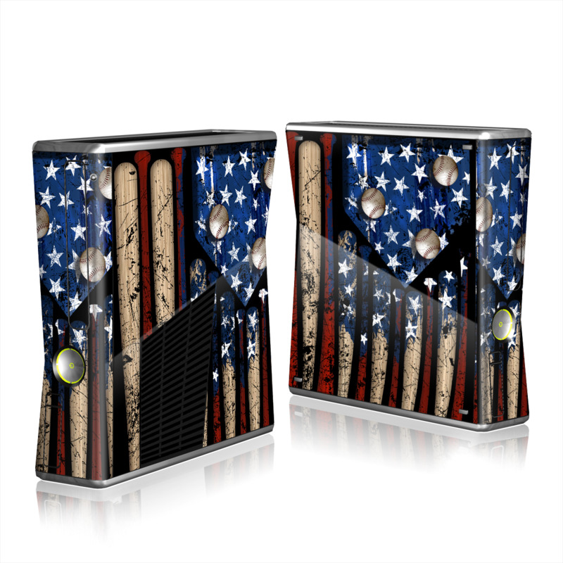 Xbox 360 S Skin design of Baseball bat, Baseball equipment, with black, red, gray, green, blue colors