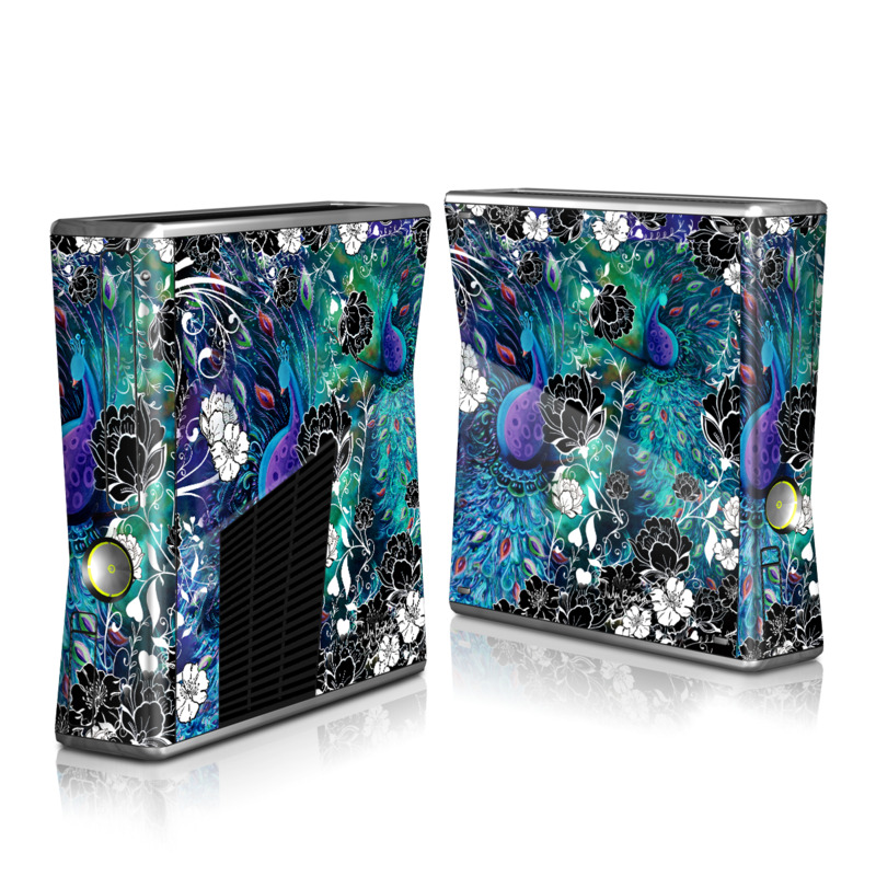 Xbox 360 S Skin design of Pattern, Psychedelic art, Organism, Turquoise, Purple, Graphic design, Art, Design, Illustration, Fractal art, with black, blue, gray, green, white colors