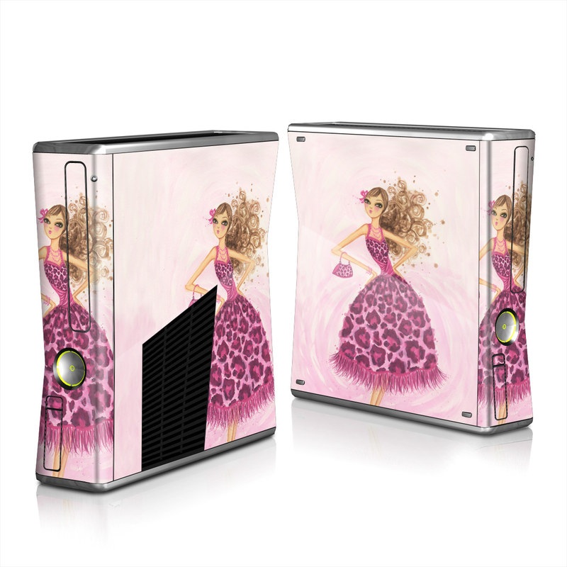 Xbox 360 S Skin design of Pink, Doll, Dress, Fashion illustration, Barbie, Fashion design, Illustration, Gown, Costume design, Toy, with pink, gray, red, purple, green colors