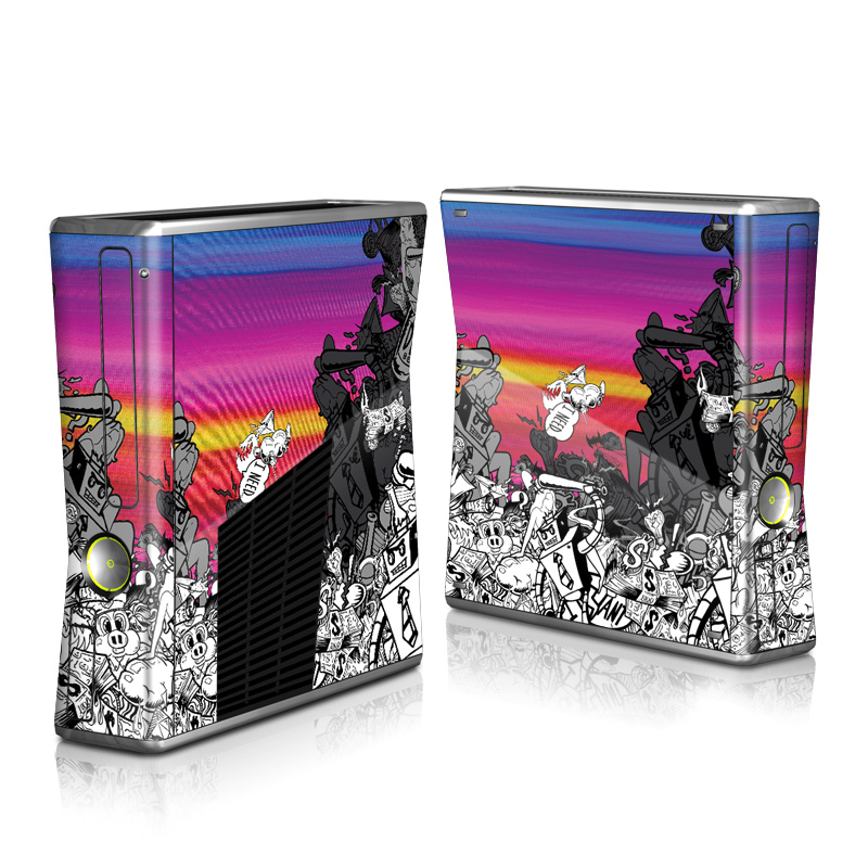 Xbox 360 S Skin design of Cartoon, Illustration, Graphic design, Fiction, Fictional character, Font, Comics, Art, Drawing, Graphics, with black, gray, purple, white, red, green colors