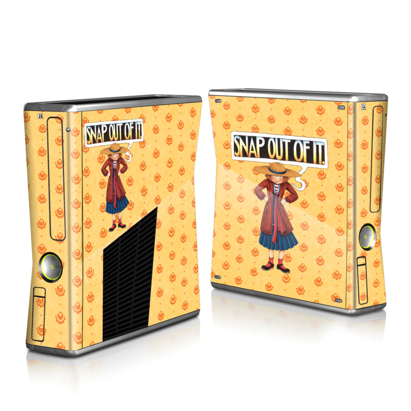 Xbox 360 S Skin design of Cartoon, Illustration, Poster, Animated cartoon, Fiction, Anime, Art, Fictional character, Games, with pink, orange, black, red, gray, white colors