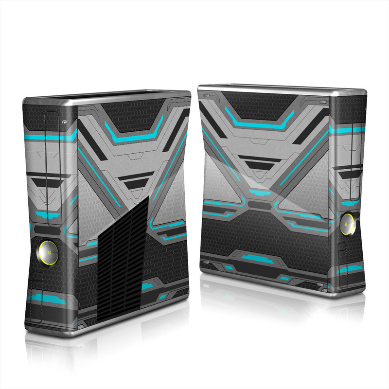 Xbox 360 S Skin design of Blue, Turquoise, Pattern, Teal, Symmetry, Design, Line, Automotive design, Font, with black, gray, blue colors
