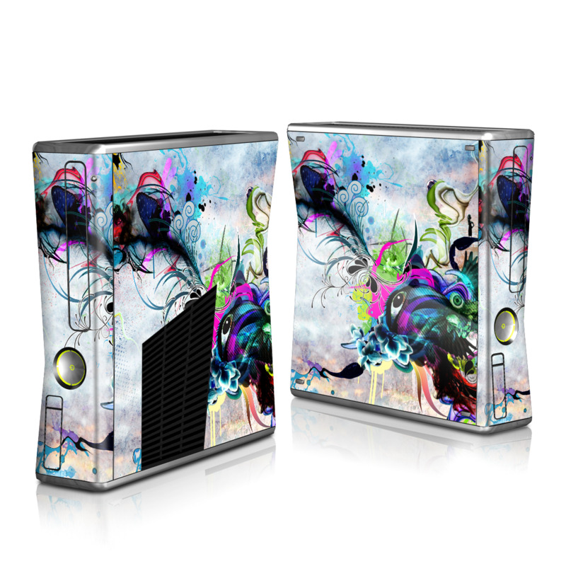 Xbox 360 S Skin design of Graphic design, Psychedelic art, Art, Illustration, Purple, Visual arts, Graffiti, Street art, Design, Painting, with gray, black, blue, green, purple colors