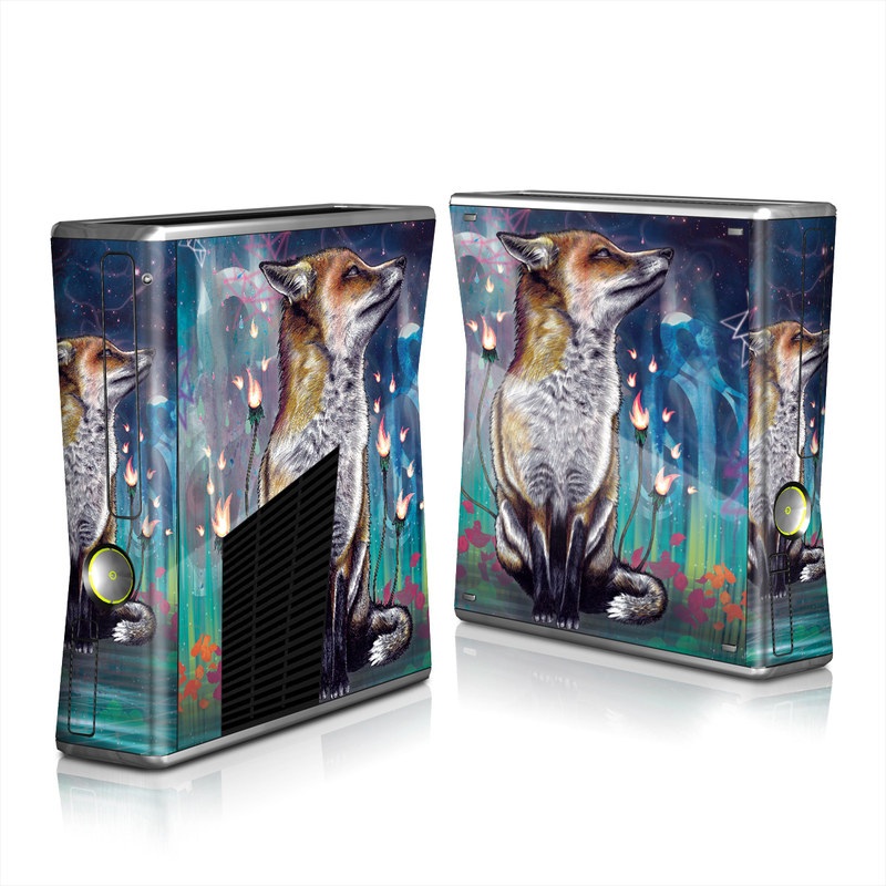 Xbox 360 S Skin design of Red fox, Art, Wildlife, Canidae, Illustration, Fox, Carnivore, Painting, Dhole, Red wolf, with black, gray, blue, red, green colors
