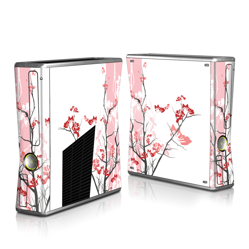 Xbox 360 S Skin design of Branch, Red, Flower, Plant, Tree, Twig, Blossom, Botany, Pink, Spring, with white, pink, gray, red, black colors