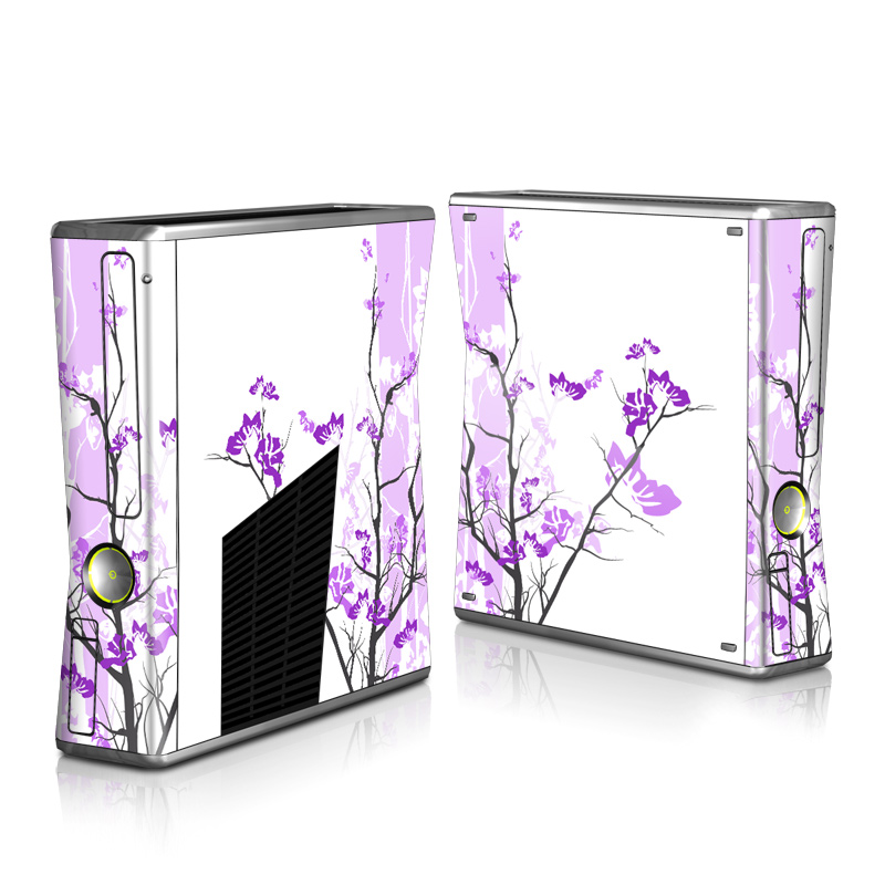 Xbox 360 S Skin design of Branch, Purple, Violet, Lilac, Lavender, Plant, Twig, Flower, Tree, Wildflower, with white, purple, gray, pink, black colors