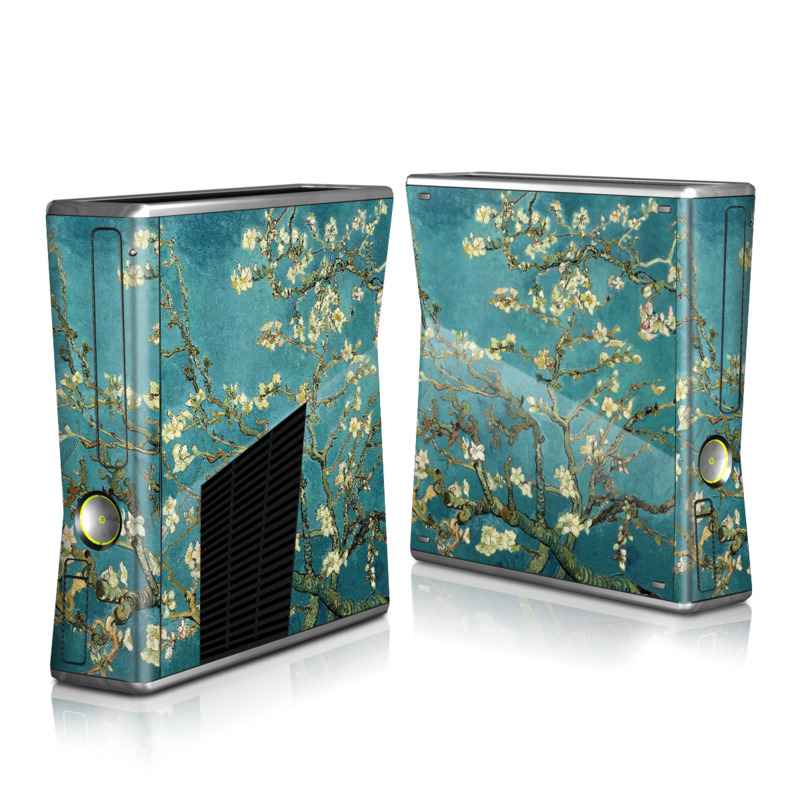 Xbox 360 S Skin design of Tree, Branch, Plant, Flower, Blossom, Spring, Woody plant, Perennial plant, with blue, black, gray, green colors