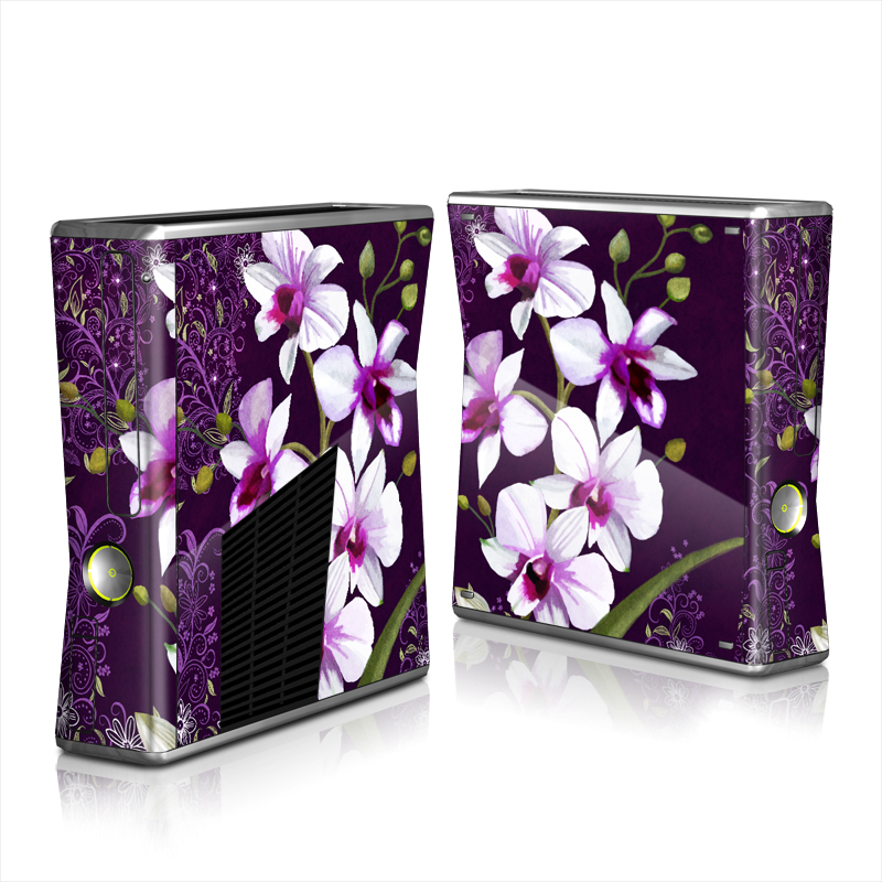 Xbox 360 S Skin design of Flower, Purple, Petal, Violet, Lilac, Plant, Flowering plant, cooktown orchid, Botany, Wildflower, with black, gray, white, purple, pink colors