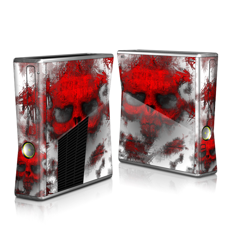 Xbox 360 S Skin design of Red, Graphic design, Skull, Illustration, Bone, Graphics, Art, Fictional character, with red, gray, black, white colors