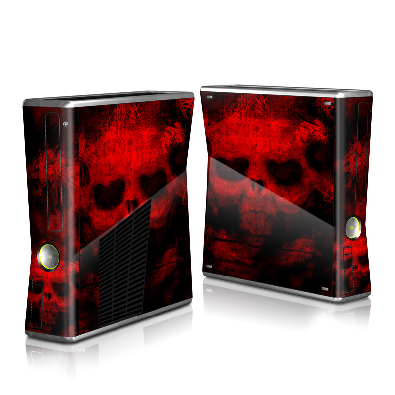 Xbox 360 S Skin design of Red, Skull, Bone, Darkness, Mouth, Graphics, Pattern, Fiction, Art, Fractal art, with black, red colors