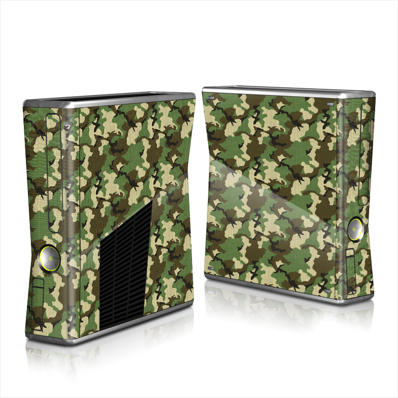 Xbox 360 S Skin design of Military camouflage, Camouflage, Clothing, Pattern, Green, Uniform, Military uniform, Design, Sportswear, Plane, with black, gray, green colors