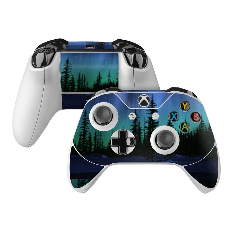 Xbox One Controller Skin design of Aurora, Nature, Sky, shortleaf black spruce, Natural landscape, Tree, Wilderness, Natural environment, Biome, Spruce-fir forest, with blue, purple, green, black colors