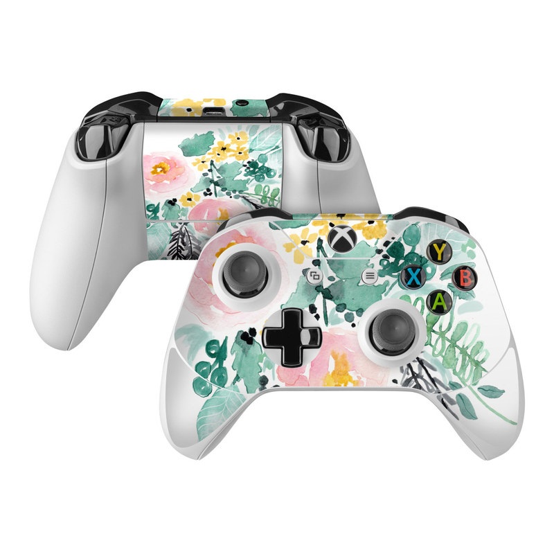 Xbox One Controller Skin design of Branch, Clip art, Watercolor paint, Flower, Leaf, Botany, Plant, Illustration, Design, Graphics, with green, pink, red, orange, yellow colors