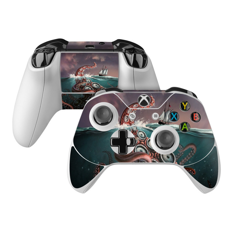 Xbox One Controller Skin design of Octopus, Water, Illustration, Wind wave, Sky, Graphic design, Organism, Cephalopod, Cg artwork, giant pacific octopus, with blue, gray, white, brown, red colors