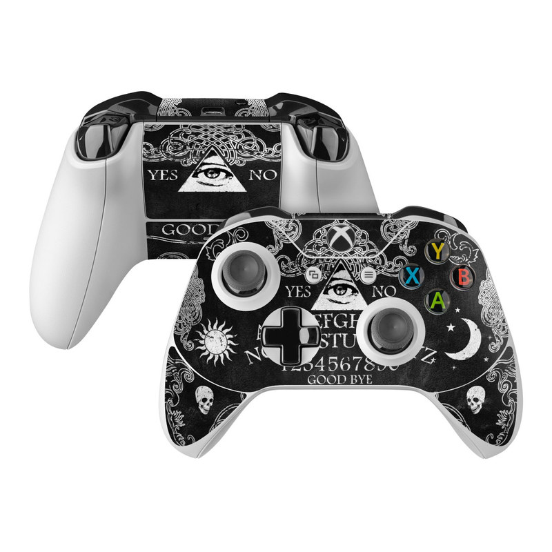 Xbox One Controller Skin design of Text, Font, Pattern, Design, Illustration, Headpiece, Tiara, Black-and-white, Calligraphy, Hair accessory, with black, white, gray colors
