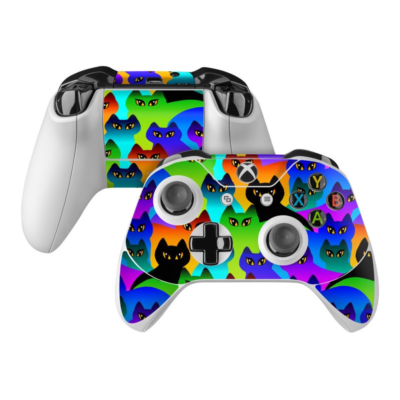 Xbox One Controller Skin design of Black cat, Purple, Cat, Small to medium-sized cats, Pattern, Design, Felidae, Illustration, Art with black, blue, green, purple colors