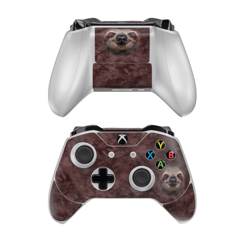 Xbox One Controller Skin design of Three-toed sloth, Sloth, Snout, Head, Close-up, Nose, Two-toed sloth, Terrestrial animal, Eye, Whiskers, with black, gray, red, green colors