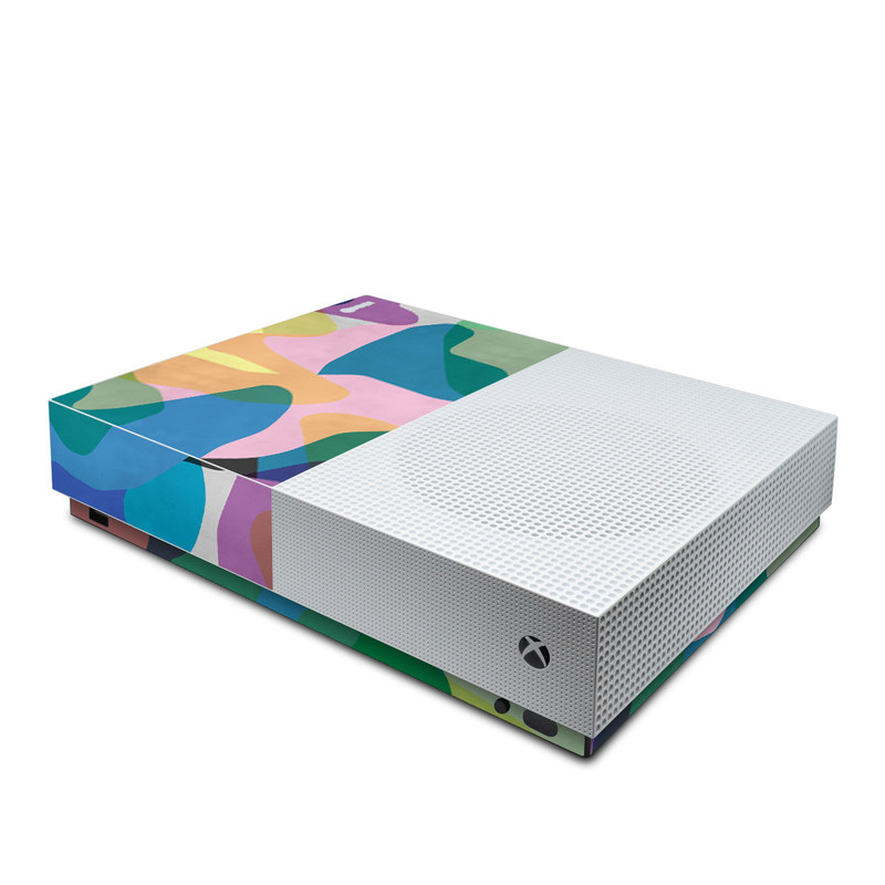 Xbox One S All Digital Edition Skin design of Azure, Paint, Textile, Organism, Art, Painting, Aqua, Font, Rectangle, Tints and shades, with blue, green, pink, yellow, orange, purple, gray colors