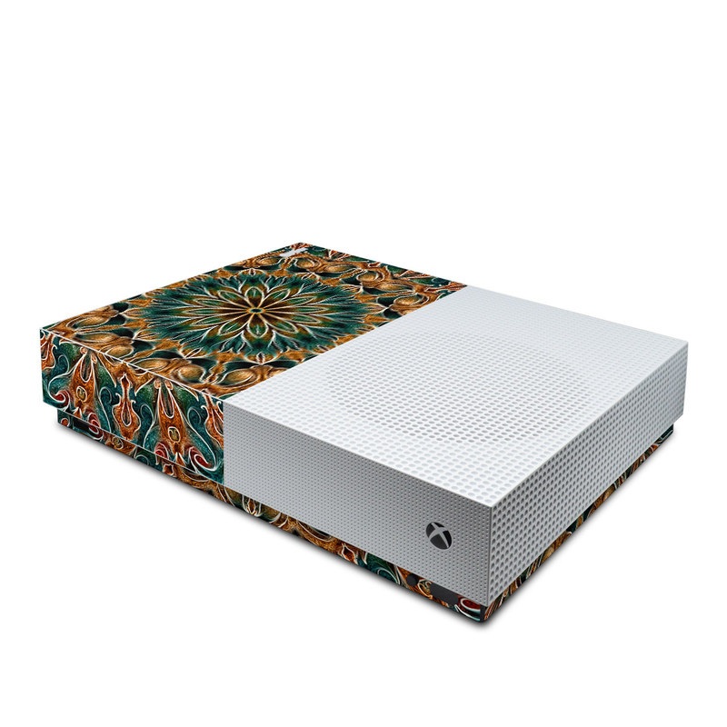 Xbox One S All Digital Edition Skin design of Pattern, Symmetry, Textile, Art, Psychedelic art, Tapestry, Design, Visual arts, Kaleidoscope, Motif, with green, orange, yellow, brown, red colors