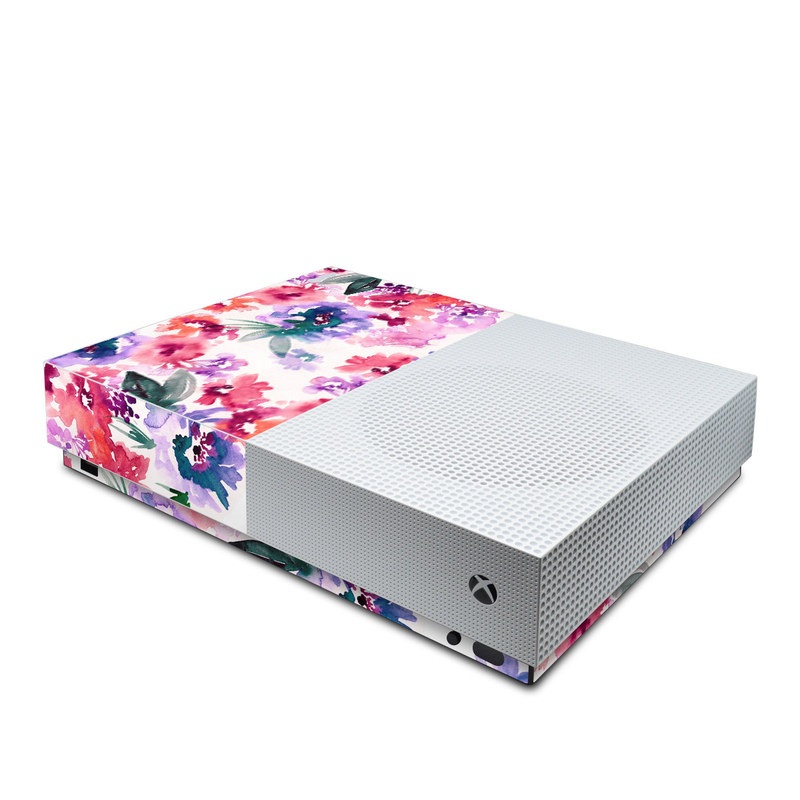 Xbox One S All Digital Edition Skin design of Purple, Pattern, Pink, Lilac, Violet, Flower, Watercolor paint, Floral design, Plant, Design, with green, pink, red, purple, white colors