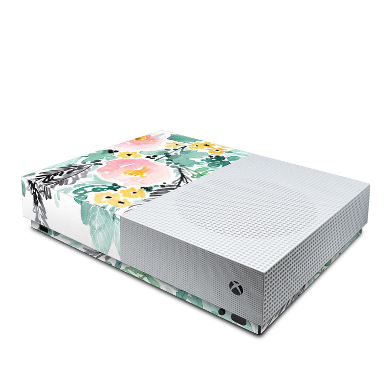 Xbox One S All Digital Edition Skin design of Branch, Clip art, Watercolor paint, Flower, Leaf, Botany, Plant, Illustration, Design, Graphics, with green, pink, red, orange, yellow colors
