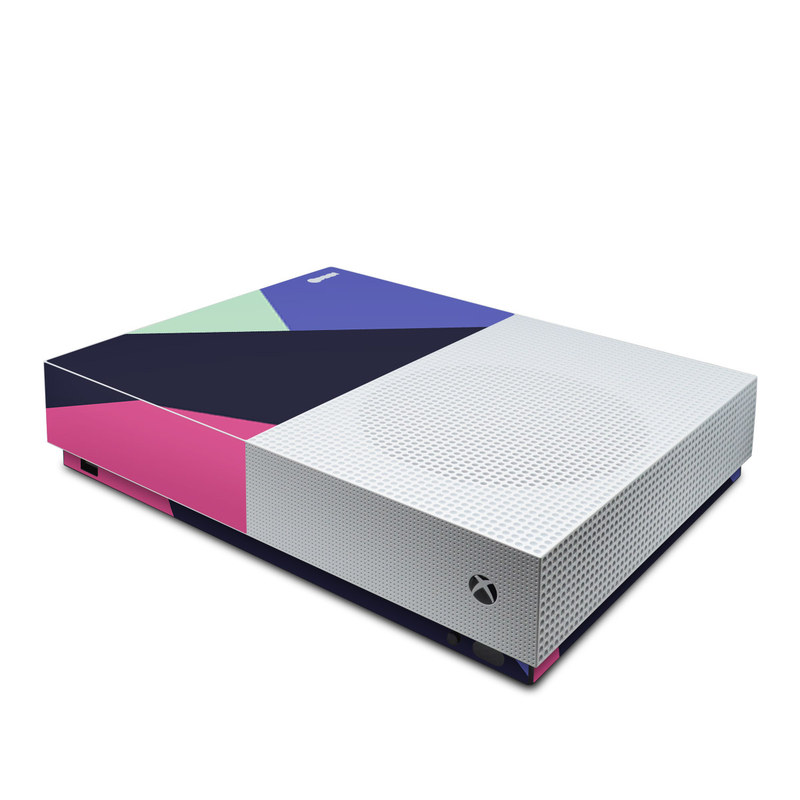 Xbox One S All Digital Edition Skin design of Purple, Violet, Line, Magenta, Graphic design, Triangle, Pattern, Design, Material property, Font, with black, blue, green, pink colors
