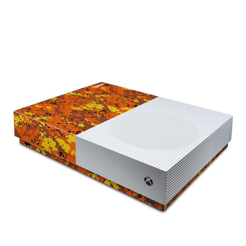 Xbox One S All Digital Edition Skin design of Orange, Yellow, Leaf, Tree, Pattern, Autumn, Plant, Deciduous, with red, green, black colors