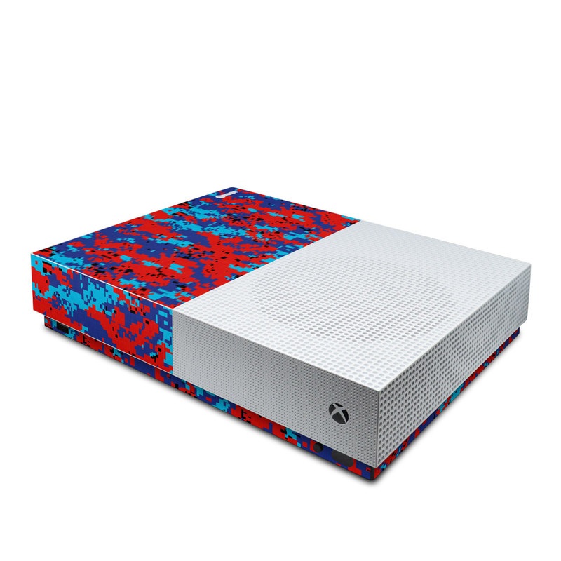 Xbox One S All Digital Edition Skin design of Blue, Red, Pattern, Textile, Electric blue, with blue, red colors