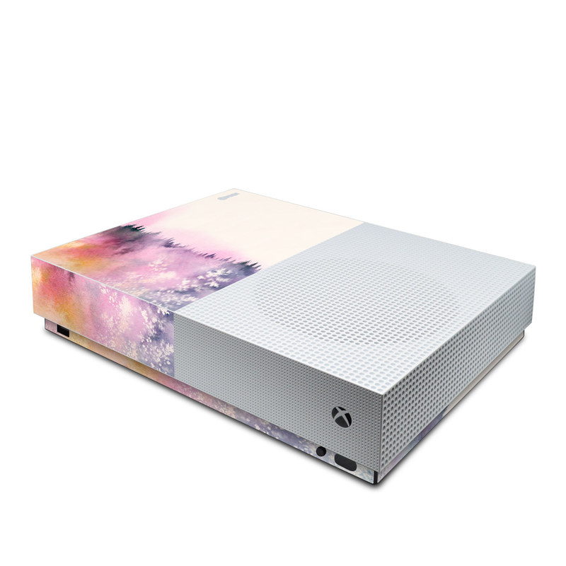 Xbox One S All Digital Edition Skin design of Watercolor paint, Sky, Atmospheric phenomenon, Tree, Atmosphere, Cloud, Landscape, Forest, Painting, Illustration, with white, yellow, pink, purple, blue, black colors