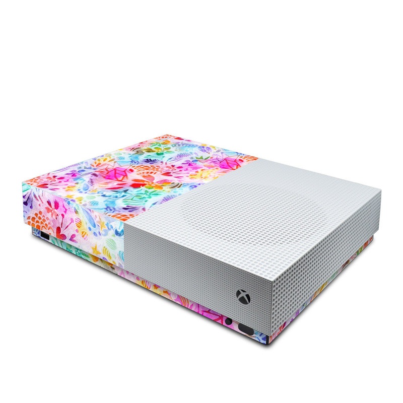 Xbox One S All Digital Edition Skin design of Pattern, Design, Textile, Art, with gray, pink, purple, blue colors