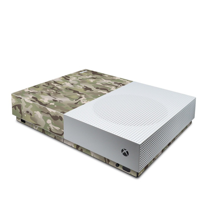 Xbox One S All Digital Edition Skin design of Military camouflage, Camouflage, Pattern, Clothing, Uniform, Design, Military uniform, Bed sheet with gray, green, black, red colors