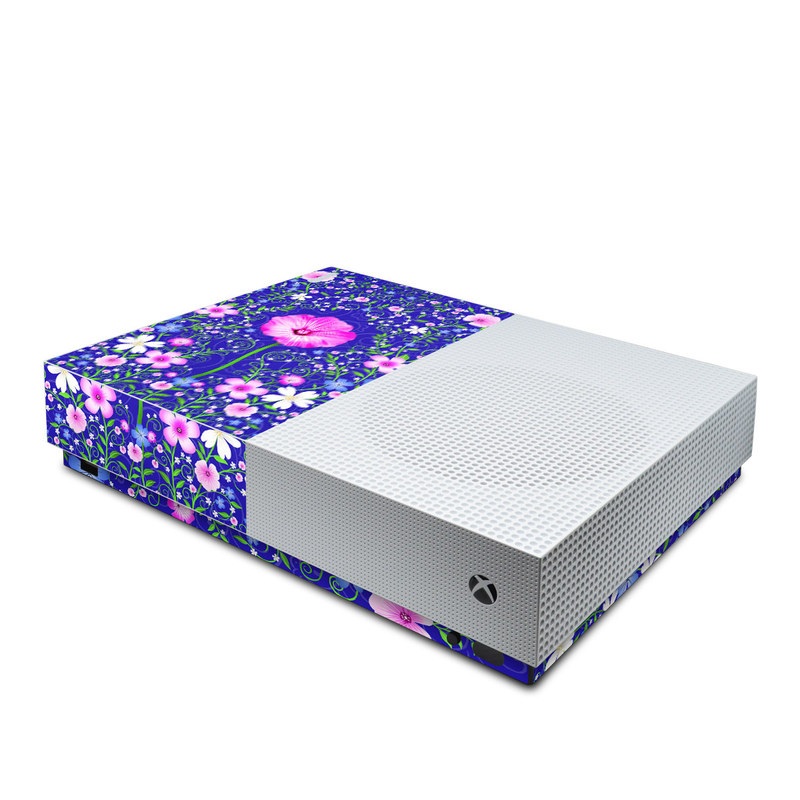Xbox One S All Digital Edition Skin design of Purple, Violet, Flower, Plant, Wildflower, Pattern, Petal, Design, Graphics, Morning glory, with blue, purple, pink, green, white, yellow colors