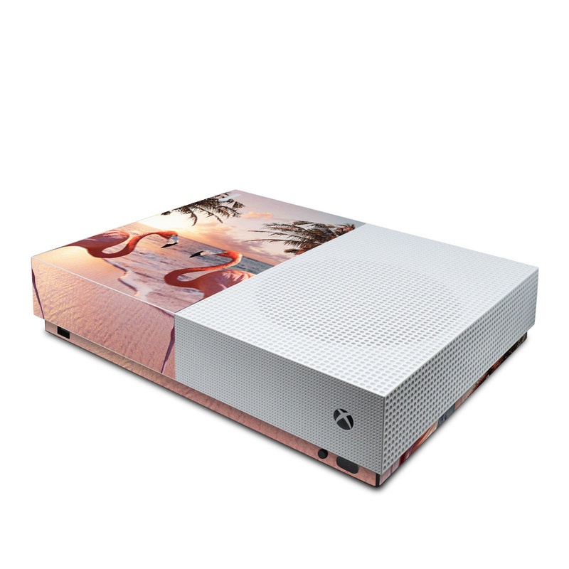 Xbox One S All Digital Edition Skin design of Flamingo, Greater flamingo, Bird, Water bird, Pink, Wildlife, Sky, Tree, Organism, Beak, with pink, blue, green, yellow, white, orange, black colors