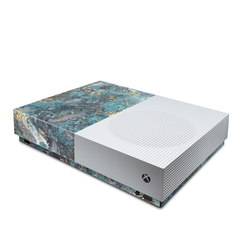 Xbox One S All Digital Edition Skin design of Blue, Turquoise, Green, Aqua, Teal, Geology, Rock, Painting, Pattern, with black, white, gray, green, blue colors