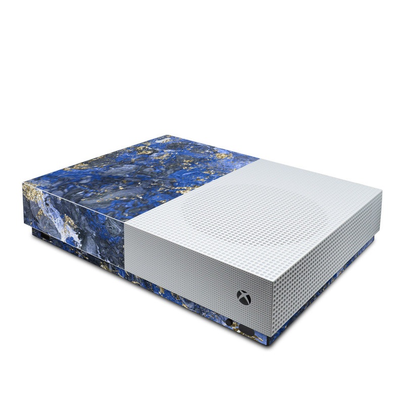 Xbox One S All Digital Edition Skin design of Blue, Water, Cobalt blue, Rock, Painting, Geology, Electric blue, Mineral, Pattern, Acrylic paint, with black, blue, yellow, white, gray colors