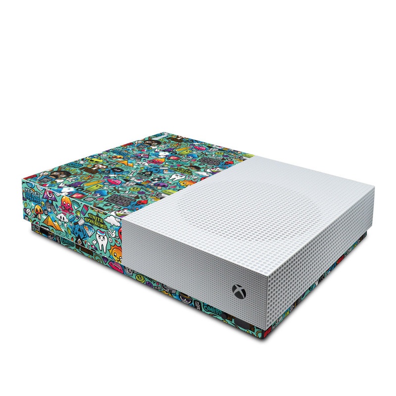 Xbox One S All Digital Edition Skin design of Cartoon, Art, Pattern, Design, Illustration, Visual arts, Doodle, Psychedelic art, with black, blue, gray, red, green colors