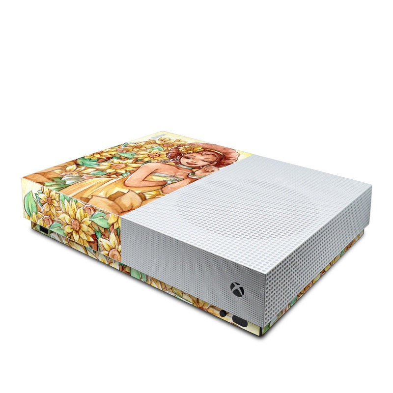 Xbox One S All Digital Edition Skin design of Painting, Illustration, Art, Fictional character, Plant, Flower, Clip art, with yellow, orange, brown, green colors