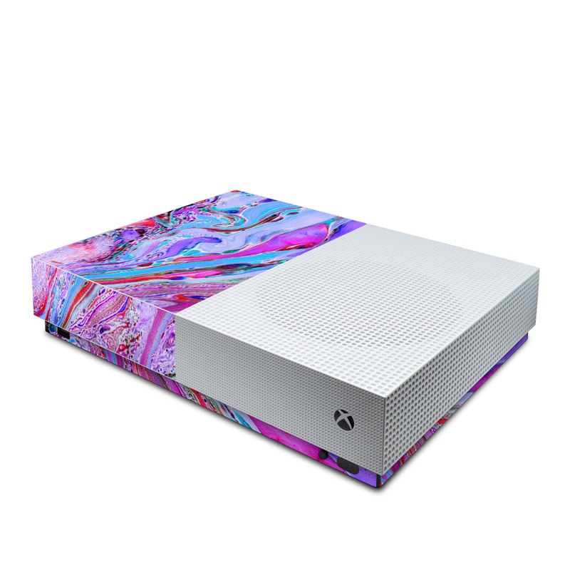 Xbox One S All Digital Edition Skin design of Pink, Purple, Pattern, Design, Visual arts, Art, Psychedelic art, Magenta, Acrylic paint, Colorfulness, with pink, purple, blue, green colors