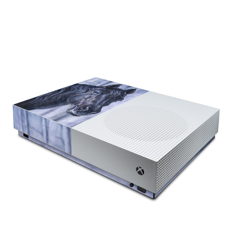 Xbox One S All Digital Edition Skin design of Horse, Mammal, Vertebrate, Hair, Mane, Stallion, Snout, Mare, Mustang horse, Livestock, with black, white, blue colors