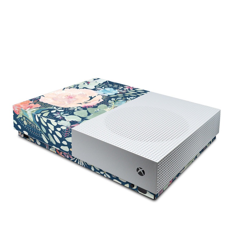 Xbox One S All Digital Edition Skin design of Flower, Plant, Petal, Botany, Textile, Sleeve, Creative arts, Art, Painting, Aqua, with blue, pink, green, white, orange, yellow, red colors