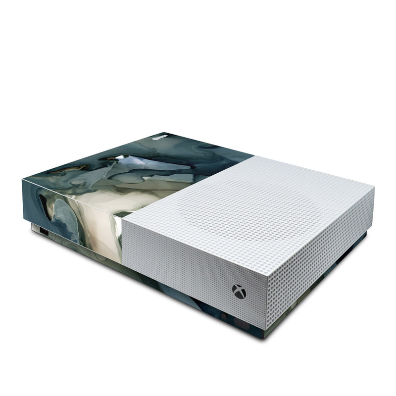 Xbox One S All Digital Edition Skin design of Azure, Petal, Organism, Grey, Art, Pattern, Beauty, Painting, Close-up, Tree, with black, blue, green, white colors