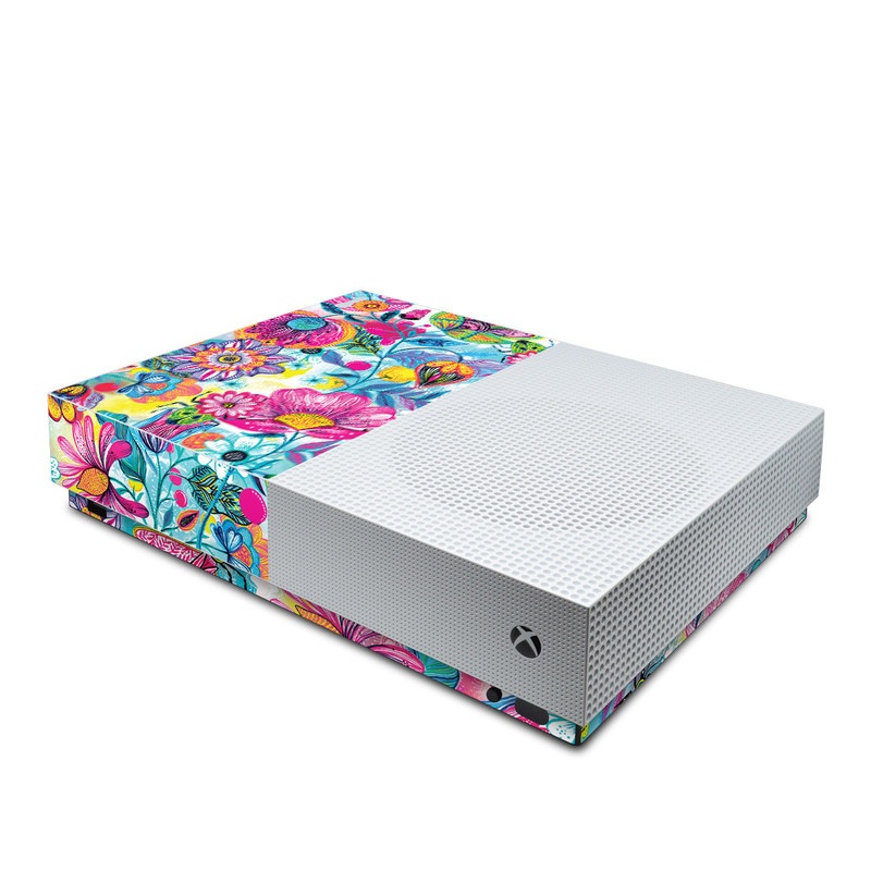 Xbox One S All Digital Edition Skin design of Pattern, Floral design, Textile, Design, Flower, Wildflower, Visual arts, Plant, Wrapping paper, with blue, pink, purple, green, yellow, orange, white colors