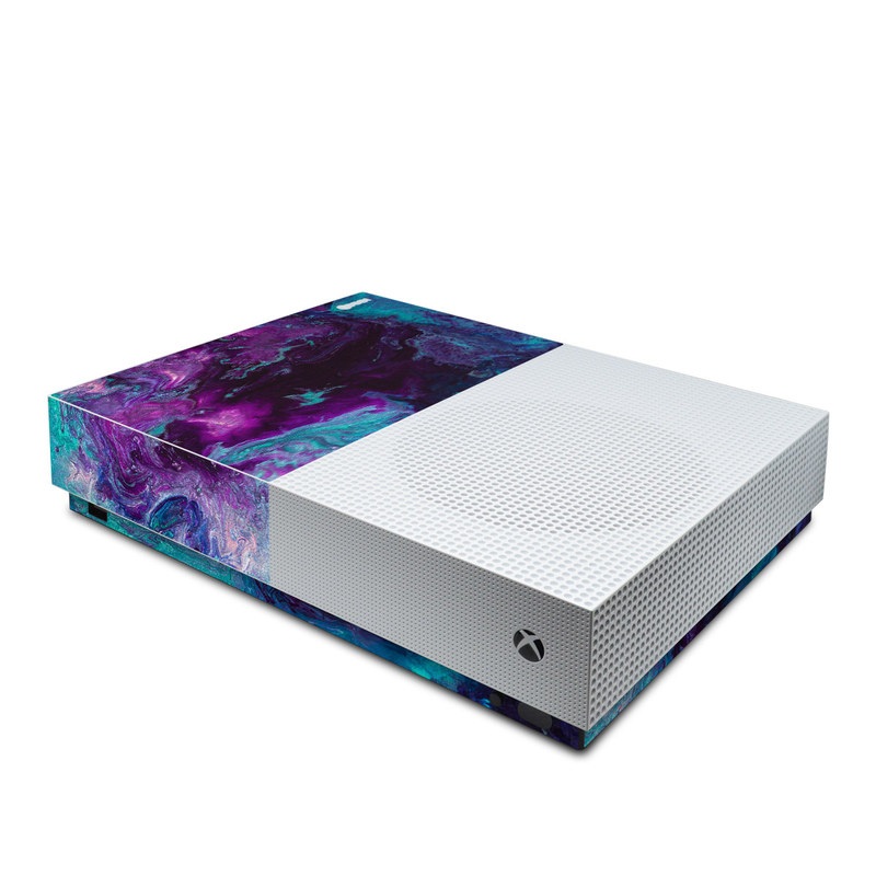 Xbox One S All Digital Edition Skin design of Blue, Purple, Violet, Water, Turquoise, Aqua, Pink, Magenta, Teal, Electric blue, with blue, purple, black colors