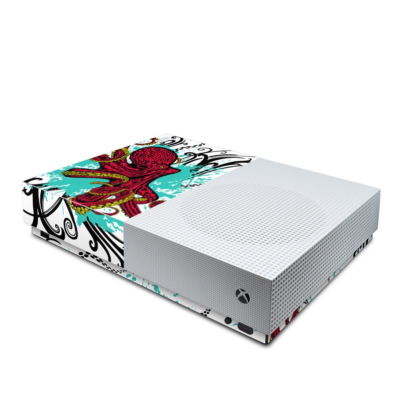 Xbox One S All Digital Edition Skin design of Graphic design, Illustration, Visual arts, Octopus, Design, Art, Fictional character, Pattern, Clip art, Line art, with black, white, gray, red, blue, green colors