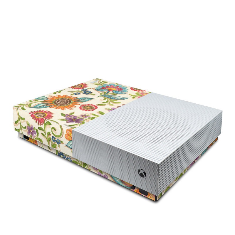 Xbox One S All Digital Edition Skin design of Pattern, Floral design, Flower, Botany, Design, Visual arts, Textile, Plant, Wildflower, Pedicel, with gray, green, pink, yellow, red, blue colors