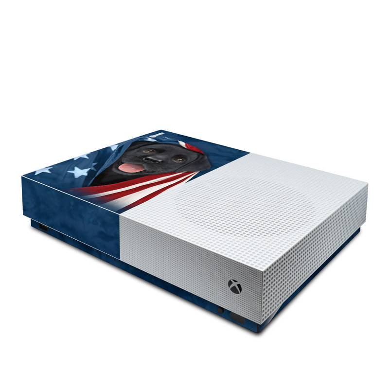 Xbox One S All Digital Edition Skin design of Canidae, Dog, Dog breed, Flag, Snout, Carnivore, Sporting Group, Labrador retriever, Flag of the united states, Puppy, with black, gray, white, blue, red colors