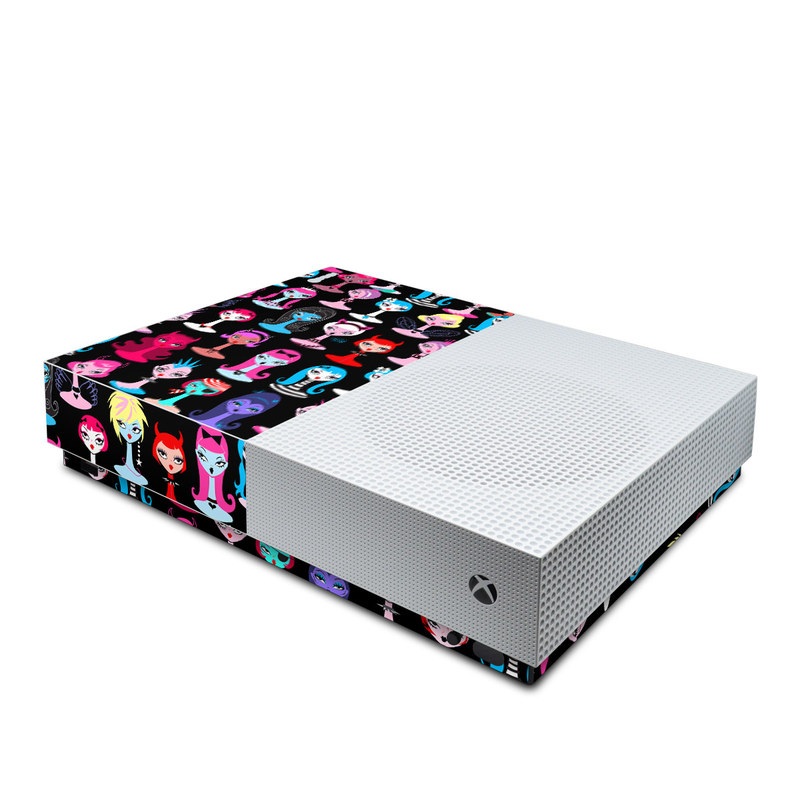 Xbox One S All Digital Edition Skin design of Facial expression, Product, Font, Pink, Red, Magenta, Material property, Pattern, Fictional character, Illustration, with black, pink, blue, brown, red, green, white, yellow colors