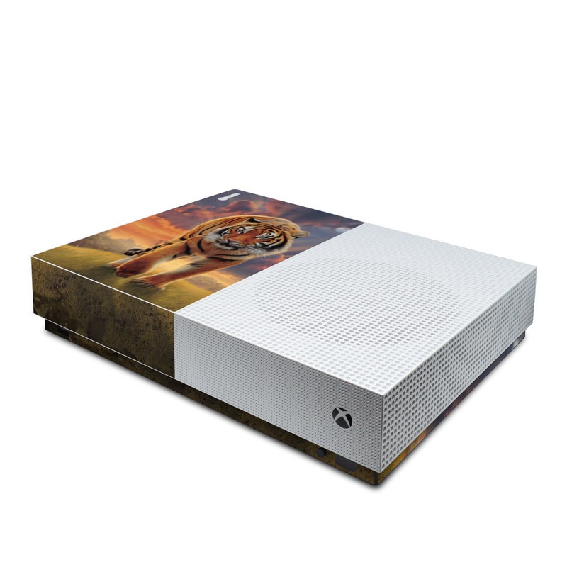 Xbox One S All Digital Edition Skin design of Tiger, Wildlife, Bengal tiger, Mammal, Felidae, Siberian tiger, Sky, Big cats, Terrestrial animal, Carnivore, with black, white, yellow, red, green, blue colors